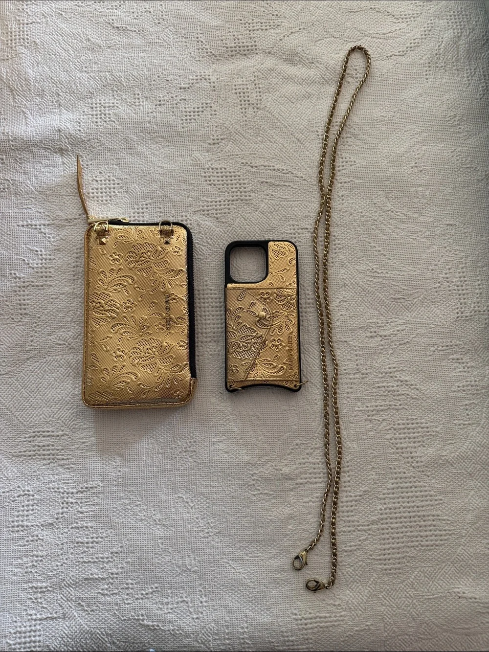 Gold Floral Embossed Phone Wallet Case with Matching Strap